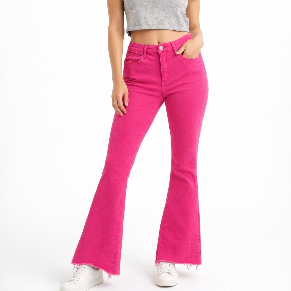 Judy Blue High Rise Flare Jeans Stretch Raw Hem Garment Dyed Pink 13 31